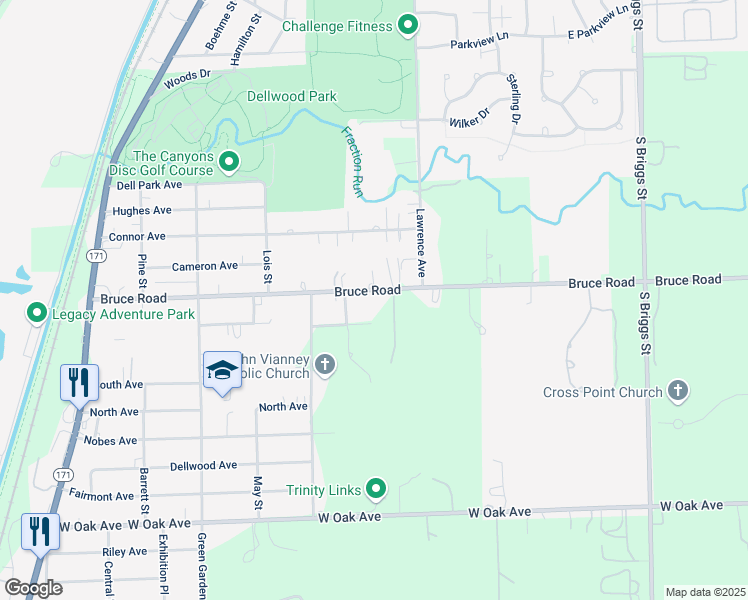 map of restaurants, bars, coffee shops, grocery stores, and more near 445 Bruce Road in Lockport