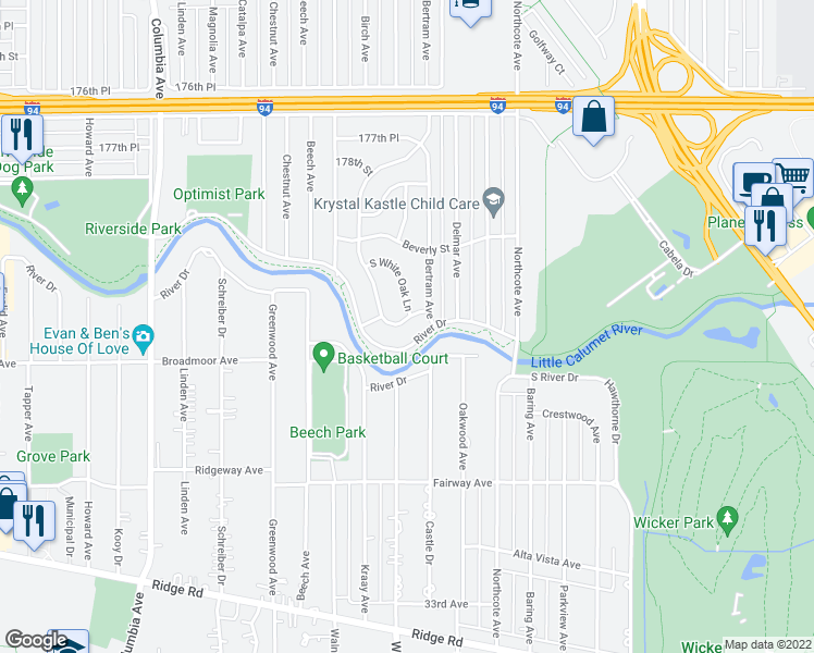 map of restaurants, bars, coffee shops, grocery stores, and more near 1608 180th Place in Hammond