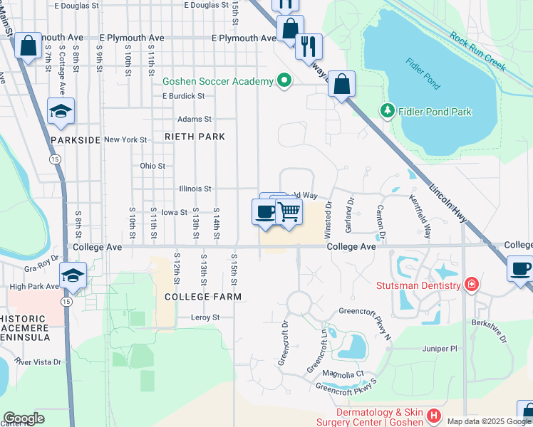 map of restaurants, bars, coffee shops, grocery stores, and more near 1306 Cedarbrook Court in Goshen