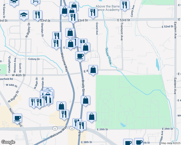 map of restaurants, bars, coffee shops, grocery stores, and more near 643 East 46th Street in Davenport