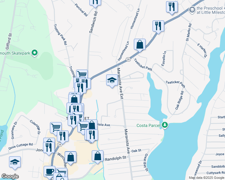 map of restaurants, bars, coffee shops, grocery stores, and more near 45 Maravista Avenue Extension in Falmouth