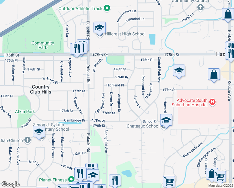 map of restaurants, bars, coffee shops, grocery stores, and more near 17720 Arlington Drive in Country Club Hills