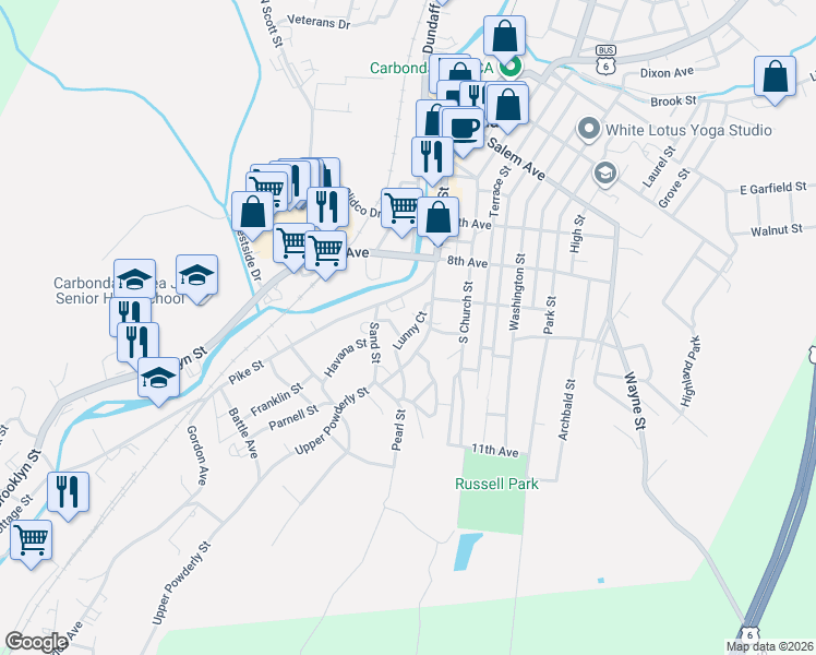 map of restaurants, bars, coffee shops, grocery stores, and more near 11 Lunny Court in Carbondale