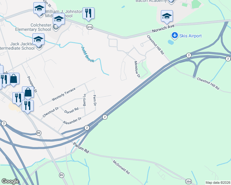 map of restaurants, bars, coffee shops, grocery stores, and more near 40 Edgewood Drive in Colchester
