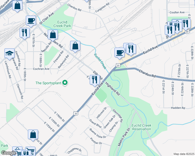 map of restaurants, bars, coffee shops, grocery stores, and more near 1564 Dille Road in Euclid