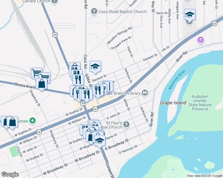 map of restaurants, bars, coffee shops, grocery stores, and more near 304 East Indiana Avenue in Maumee