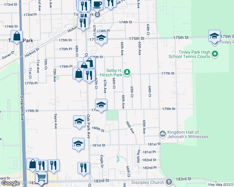 map of restaurants, bars, coffee shops, grocery stores, and more near 6620 178th Street in Tinley Park