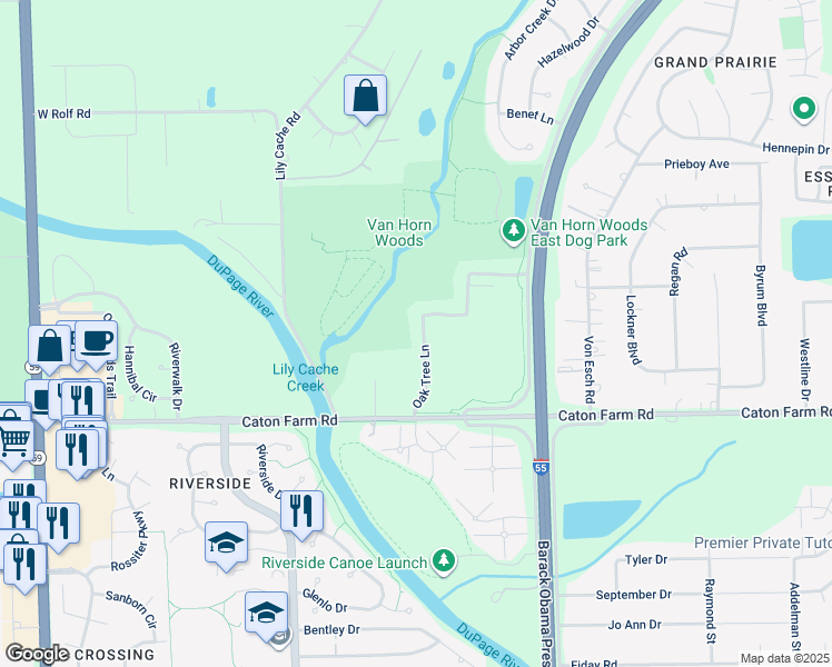 map of restaurants, bars, coffee shops, grocery stores, and more near 2531 Oak Tree Lane in Plainfield