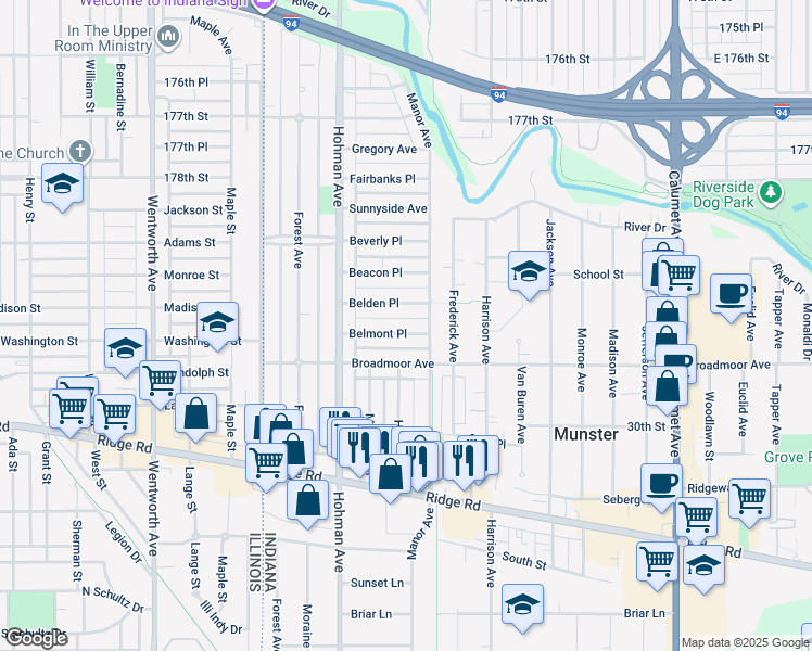 map of restaurants, bars, coffee shops, grocery stores, and more near 309 Belmont Place in Munster