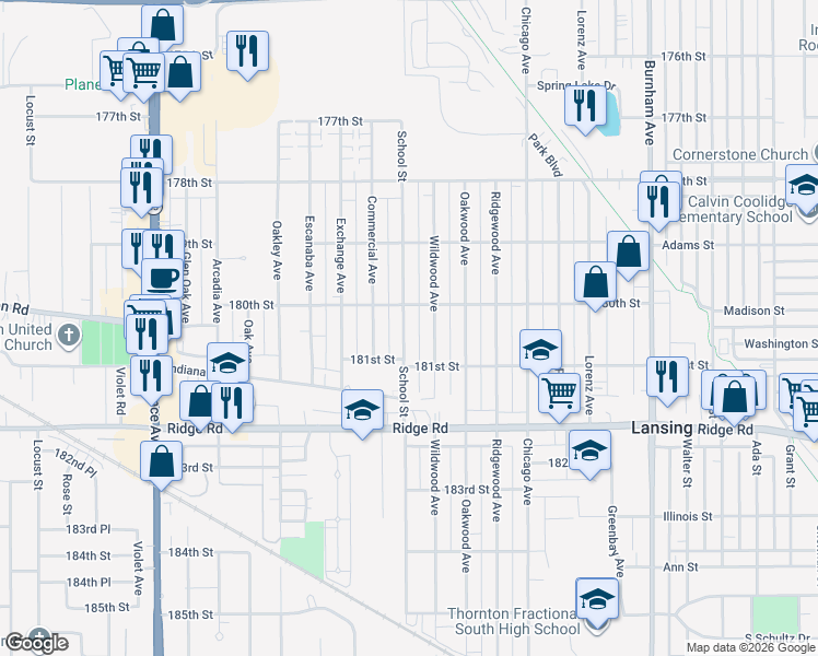 map of restaurants, bars, coffee shops, grocery stores, and more near 18021 School Street in Lansing