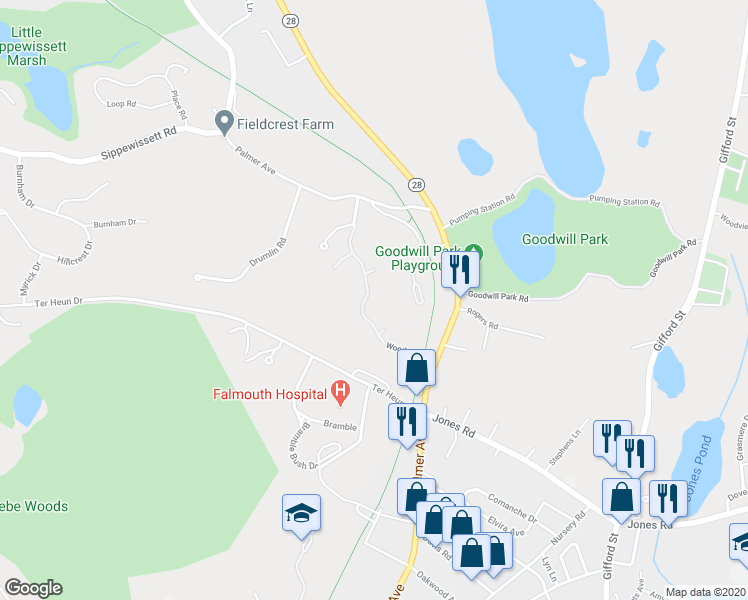 map of restaurants, bars, coffee shops, grocery stores, and more near 14 Woodrise Road in Falmouth