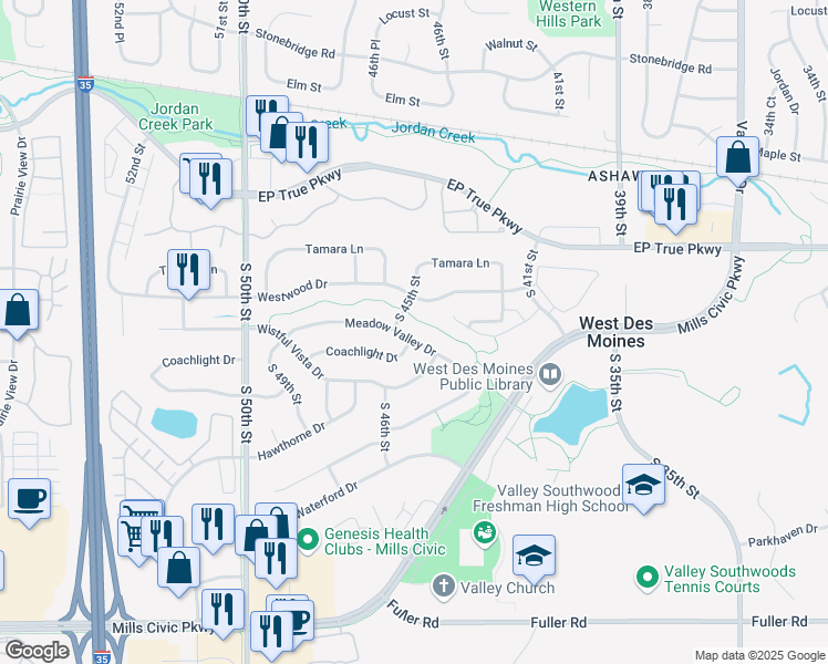 map of restaurants, bars, coffee shops, grocery stores, and more near 4571 Meadow Valley Drive in West Des Moines