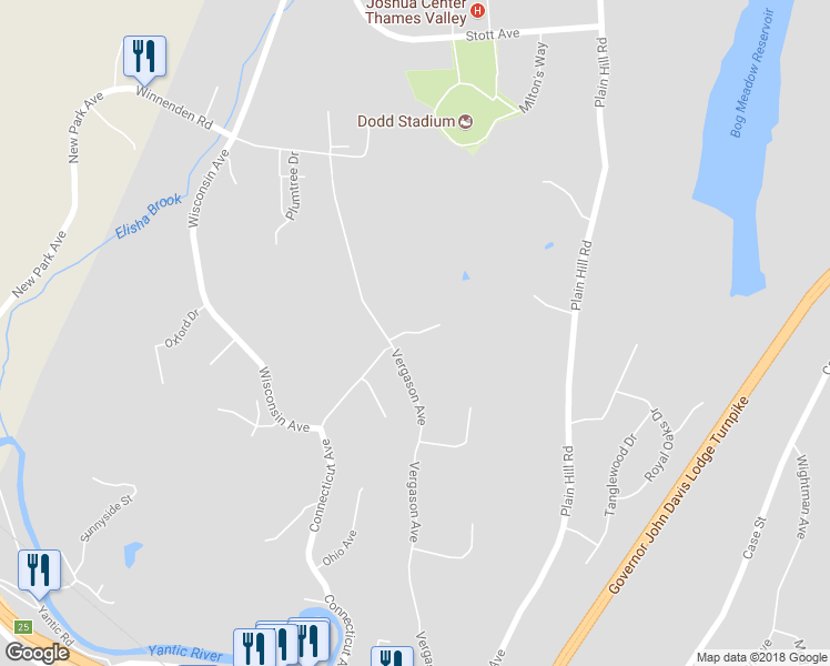 map of restaurants, bars, coffee shops, grocery stores, and more near Old Oak Road in Norwich