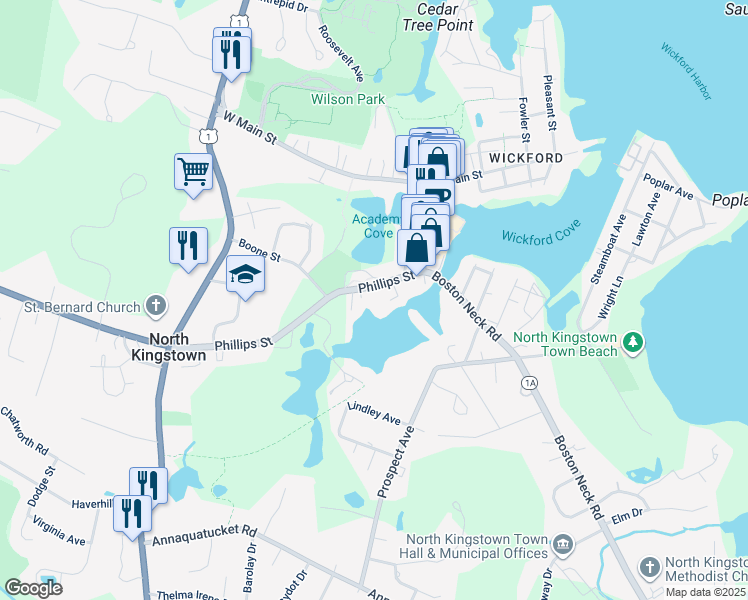 map of restaurants, bars, coffee shops, grocery stores, and more near 90 Phillips Street in North Kingstown