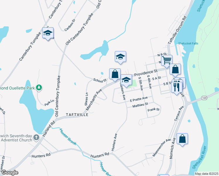 map of restaurants, bars, coffee shops, grocery stores, and more near 35 Merchants Avenue in Norwich