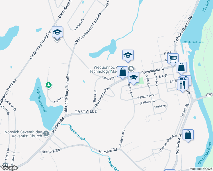 map of restaurants, bars, coffee shops, grocery stores, and more near 54 Merchants Avenue in Norwich