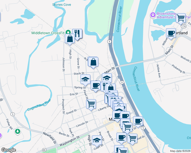 map of restaurants, bars, coffee shops, grocery stores, and more near 55 N Main St in Middletown