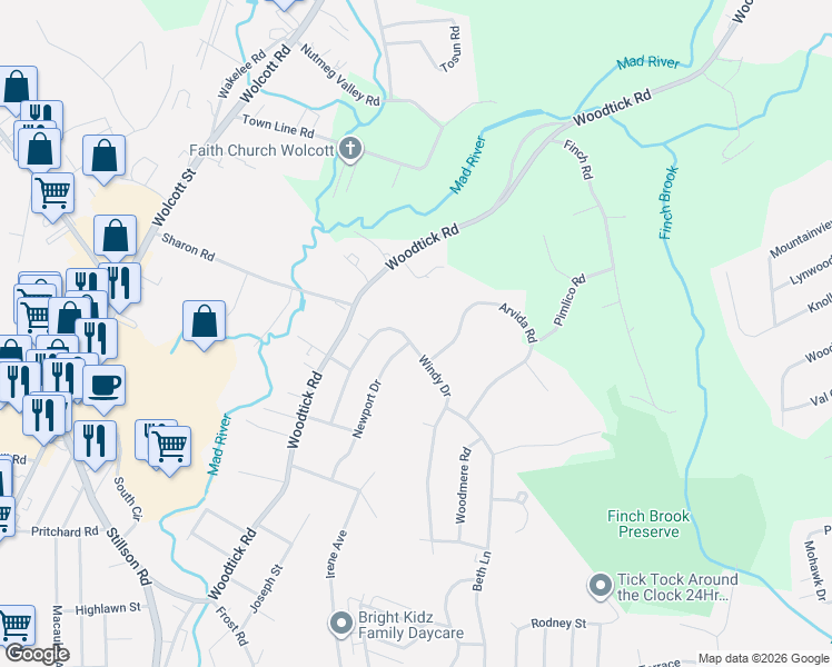 map of restaurants, bars, coffee shops, grocery stores, and more near 151 Windy Drive in Waterbury
