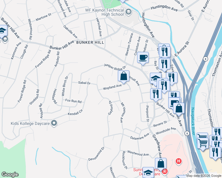 map of restaurants, bars, coffee shops, grocery stores, and more near 100 Wayland Avenue in Waterbury