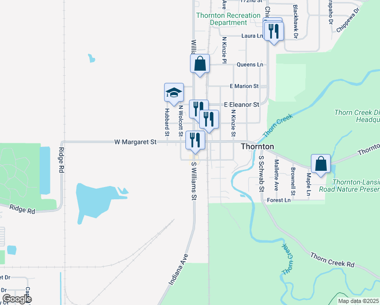map of restaurants, bars, coffee shops, grocery stores, and more near 106 South Williams Street in Thornton