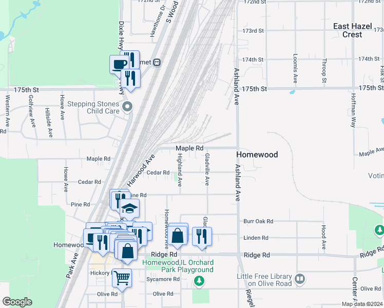 map of restaurants, bars, coffee shops, grocery stores, and more near 17707 Highland Avenue in Homewood