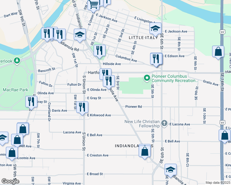 map of restaurants, bars, coffee shops, grocery stores, and more near 7 Indianola Avenue in Des Moines