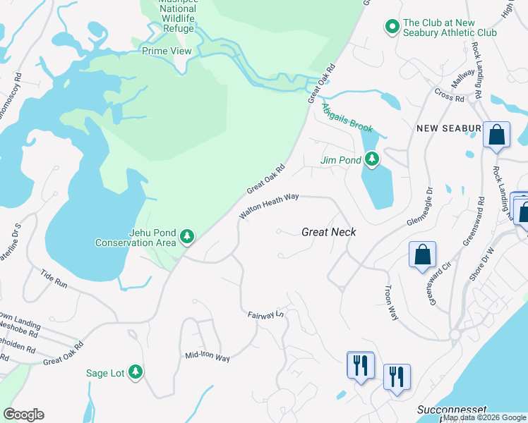 map of restaurants, bars, coffee shops, grocery stores, and more near 102 Walton Heath Way in Mashpee