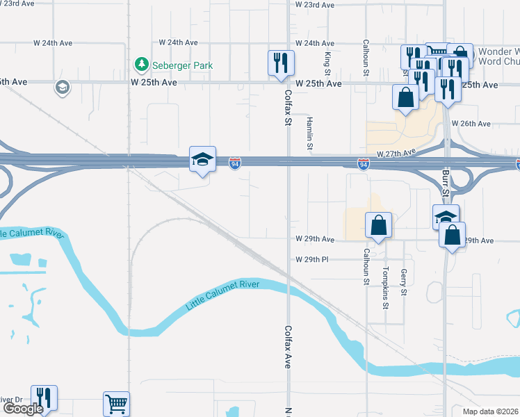 map of restaurants, bars, coffee shops, grocery stores, and more near 2821-2829 Stevenson St in Gary