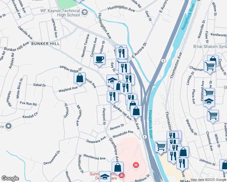 map of restaurants, bars, coffee shops, grocery stores, and more near 170 Bunker Hill Avenue in Waterbury