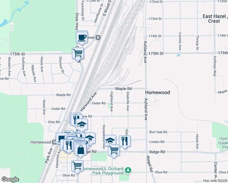 map of restaurants, bars, coffee shops, grocery stores, and more near 17707 Highland Avenue in Homewood