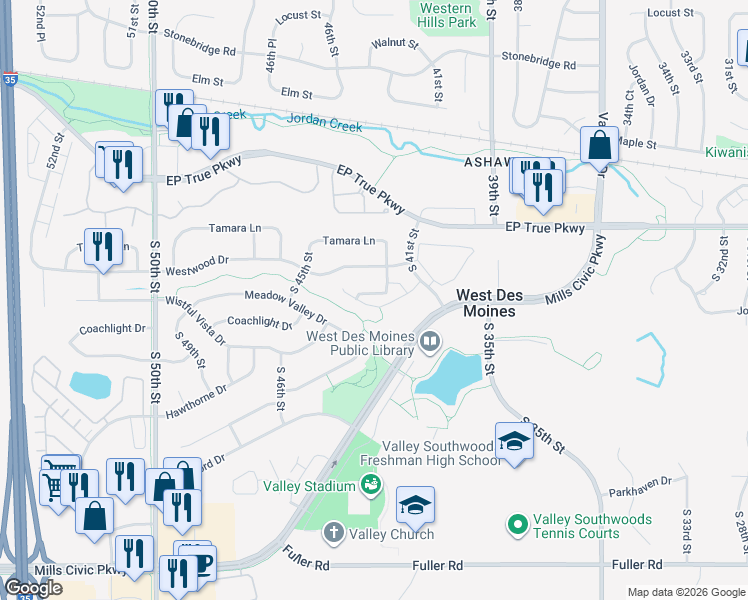 map of restaurants, bars, coffee shops, grocery stores, and more near 255 South 42nd Street in West Des Moines