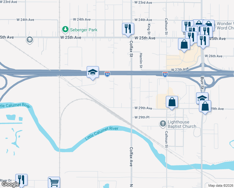 map of restaurants, bars, coffee shops, grocery stores, and more near 2821-2829 Stevenson St in Gary