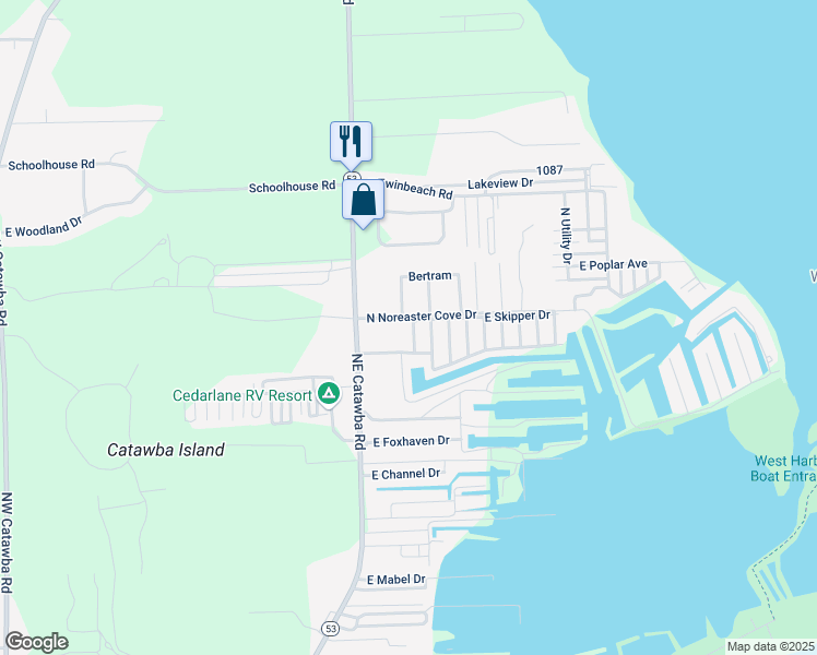 map of restaurants, bars, coffee shops, grocery stores, and more near 2976 North Chickadee Drive in Port Clinton