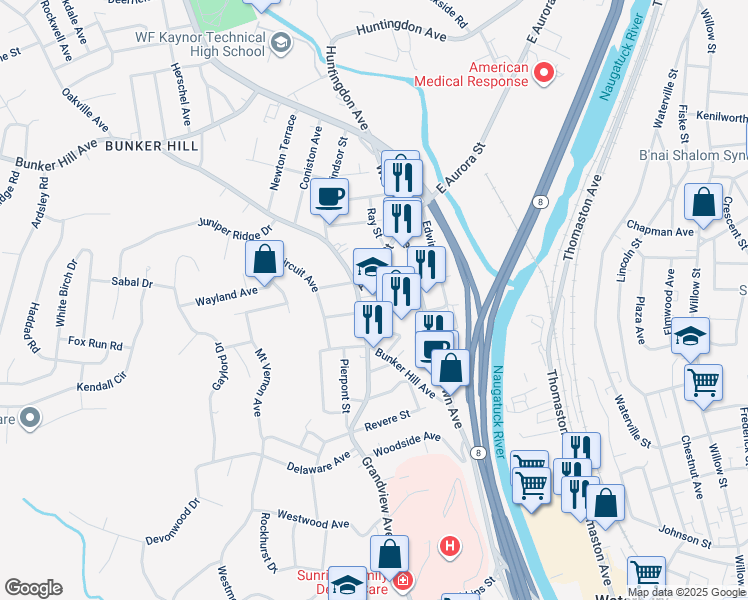 map of restaurants, bars, coffee shops, grocery stores, and more near 170 Bunker Hill Avenue in Waterbury
