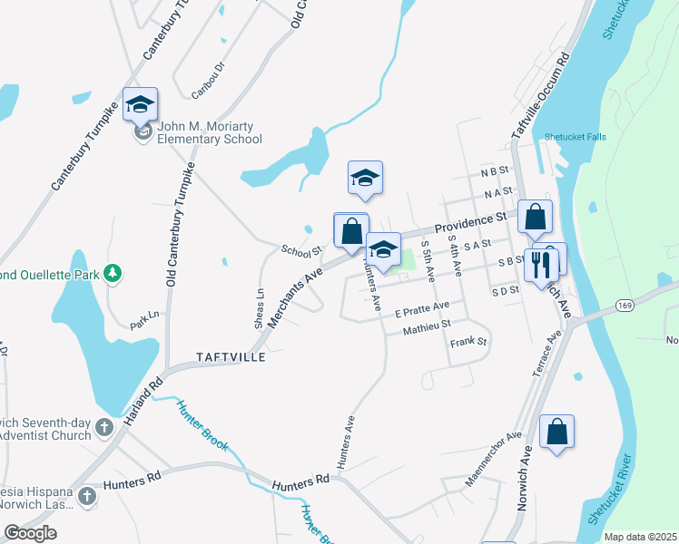 map of restaurants, bars, coffee shops, grocery stores, and more near 35 Merchants Avenue in Norwich