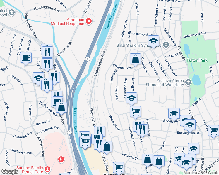 map of restaurants, bars, coffee shops, grocery stores, and more near 163 Plaza Avenue in Waterbury