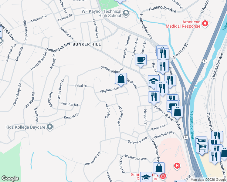 map of restaurants, bars, coffee shops, grocery stores, and more near 47 Wayland Avenue in Waterbury