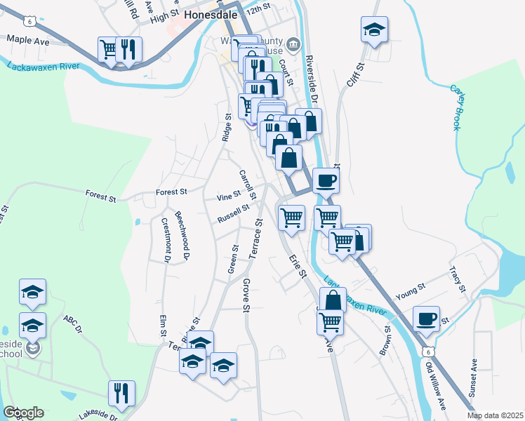 map of restaurants, bars, coffee shops, grocery stores, and more near 110 Pennsylvania 191 in Honesdale