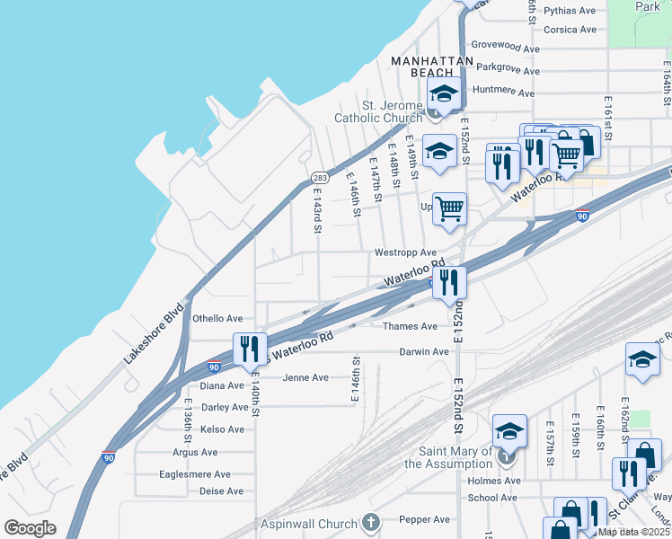 map of restaurants, bars, coffee shops, grocery stores, and more near 501 East 143rd Street in Cleveland