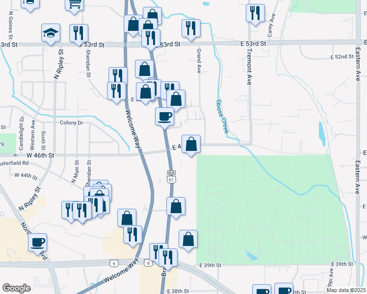 map of restaurants, bars, coffee shops, grocery stores, and more near 528 East 46th Street in Davenport