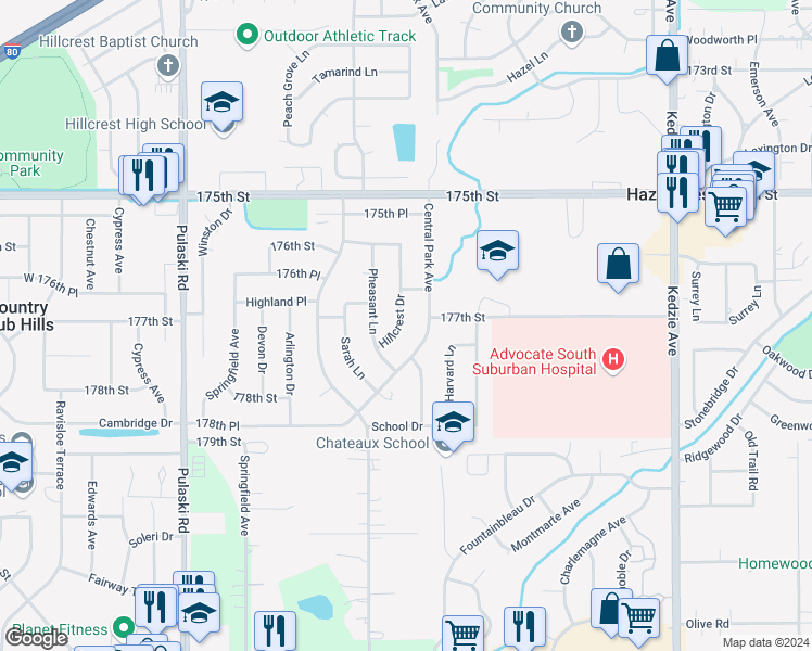 map of restaurants, bars, coffee shops, grocery stores, and more near 17711 Hillcrest Drive in Country Club Hills