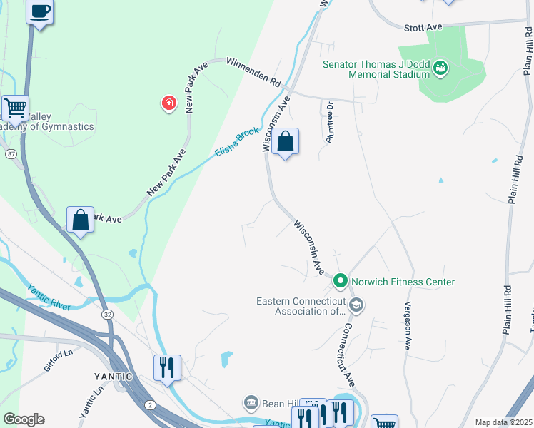 map of restaurants, bars, coffee shops, grocery stores, and more near 42 Oxford Drive in Norwich