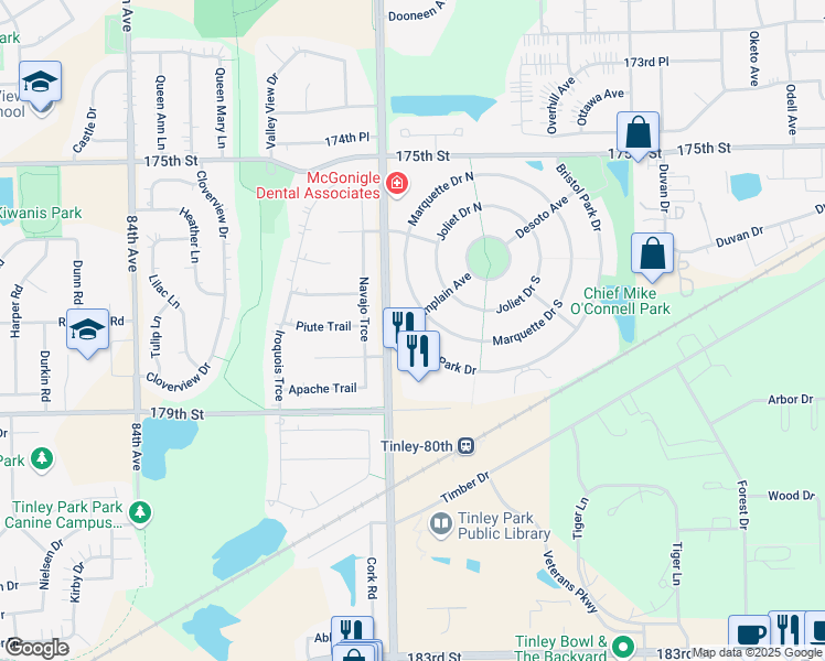 map of restaurants, bars, coffee shops, grocery stores, and more near 7868 Bristol Park Drive in Tinley Park