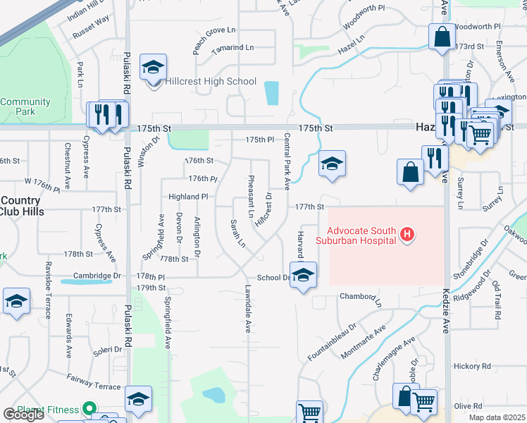 map of restaurants, bars, coffee shops, grocery stores, and more near 17701 Hillcrest Drive in Country Club Hills