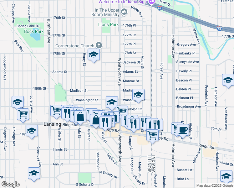 map of restaurants, bars, coffee shops, grocery stores, and more near 18014 Wentworth Avenue in Lansing