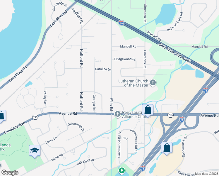 map of restaurants, bars, coffee shops, grocery stores, and more near 28701 White Road in Perrysburg
