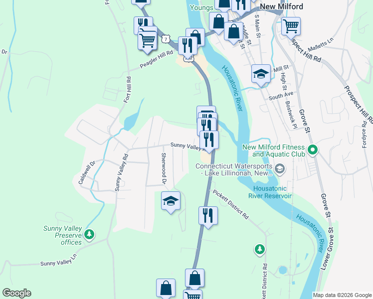 map of restaurants, bars, coffee shops, grocery stores, and more near 15 Summit Drive in New Milford