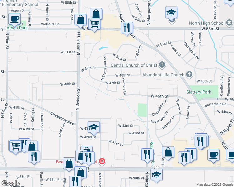 map of restaurants, bars, coffee shops, grocery stores, and more near 1511 West 46th Place in Davenport