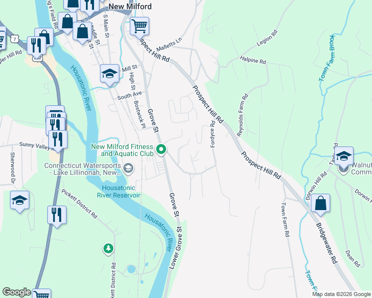 map of restaurants, bars, coffee shops, grocery stores, and more near 84 Valley Drive in New Milford