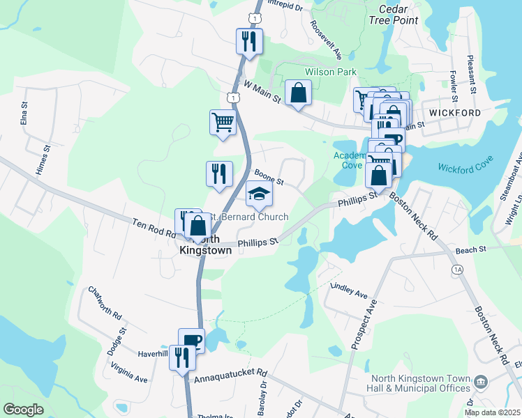 map of restaurants, bars, coffee shops, grocery stores, and more near 250 Tower Hill Road in North Kingstown